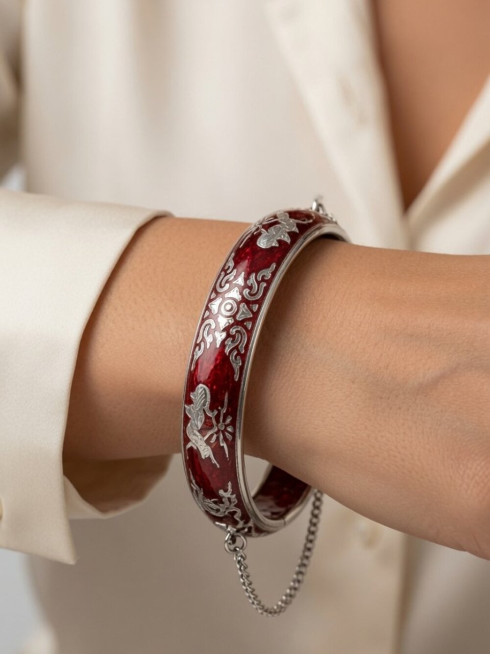 Ruby Red Enamel | Siam Vintage Sterling Silver Dancing Goddess Cuff Bracelet